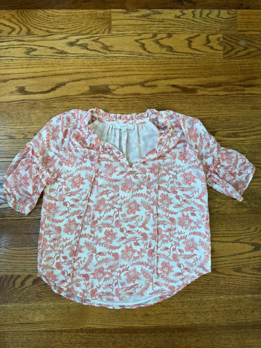 LOFT Cream Blouse with Coral Floral Motif